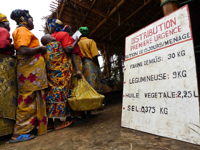 Food distribution at the Nyanzale camp for internally displaced people in the Democratic Republic of Congo. A pilot project by the World Food Program aims to collect data from mobile photo surveys to determine how many people don't have enough to eat. Photo by: Roberto De Vido / CC BY-NC-ND