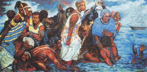 A depiction of Ebo Landing by American visual artist Dee Williams - 4' x 8' Oil on wood