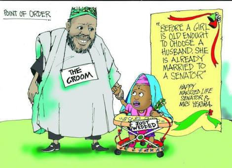 A political cartoon depicts Nigerian Senator Ahmed Sani Yerima marrying a young girl