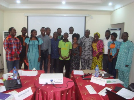 (Left to Right: Temitope Shaba of IWPR, Yakeem Akinwale Nurudeen, "The Scribe", Chinedu Ekeja, Nnodim Okechukwu Victor, John Ogunsemore, Olajide Ademola, Nura Bashir Faggo, Dayo Aiyetan, Chika Oduah, Yemi Kosoko, Elizabeth Kah, Samuel Malik, Hannah Ojo, Musikilu Mojeed) 