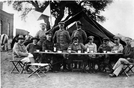 the Oberbefehlshaber (Supreme Commander) of the protection force in German South-West Africa, in Keetmanshoop during the Herero uprising, 1904. Zentralbild Generalleutnant Lothar von Trotha, der Oberfehlshaber der Schutztruppe in Deutsch-Südwestafrika, mit seinem Stabe in Keetmanshoop während des Herero-Aufstandes 1904. 8932-05 Source: Wikipedia