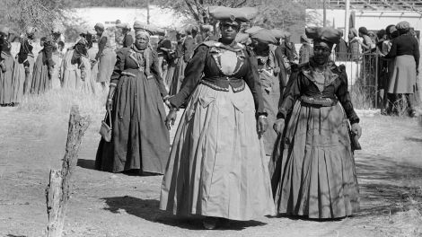 Namibia's Herero women wearing traditional colonial dresses. (AP Photo/JJ)